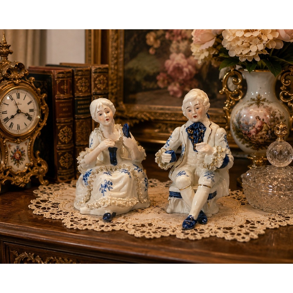 Vintage Blue and White Porcelain Victorian Couple Figurines Gold Gilt Set of 2 - Picture 1 of 16